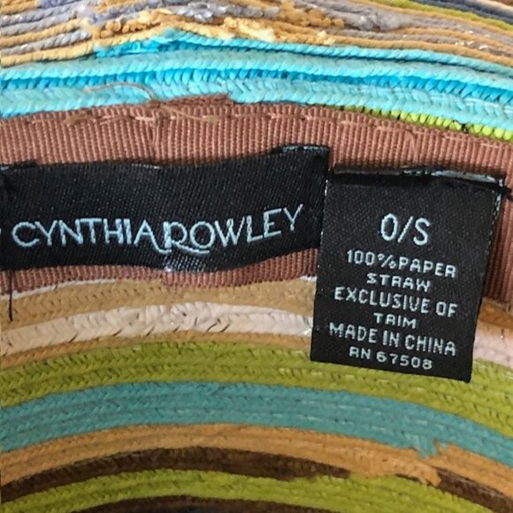 CYNTHIA ROWLEY Striped Straw Floppy Hat Blue Brown Green One Size - Picture 6 of 16